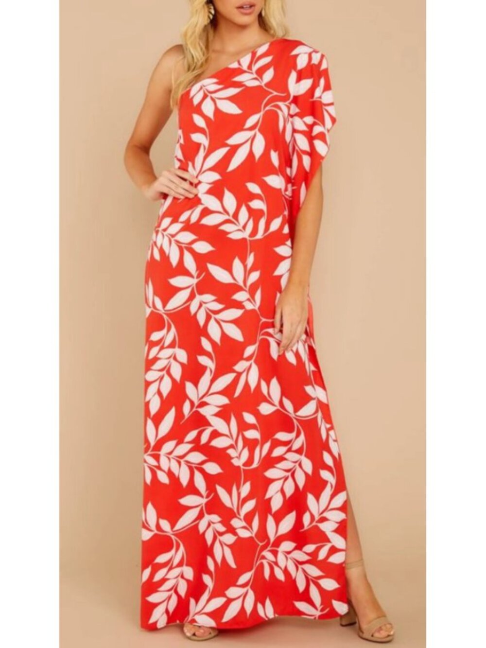 D62. Women's Red Dress Leaf Print One Shoulder Maxi